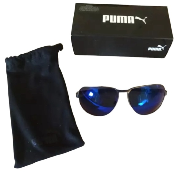 Puma Aviator Sunglasses Gray Frame Blue Acetate Lens 63-13- 135 mm 100% UV Pro - Picture 3 of 9